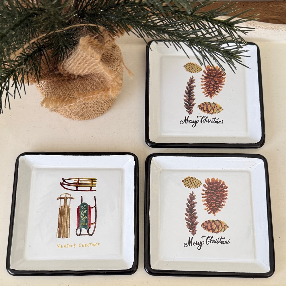 Angela Staehling Enamel 5” Square Christmas Appetizer Plates - Set of 3